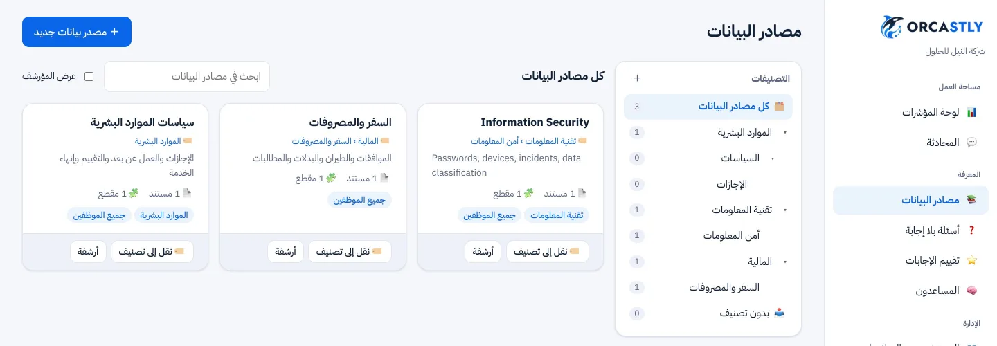 صفحة مصادر البيانات مع المجموعات المسموح لها